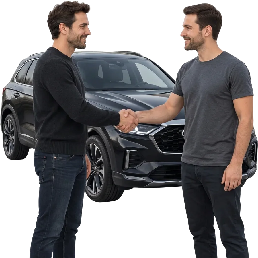 Aperto de mão fechando a venda ao lado de um carro moderno